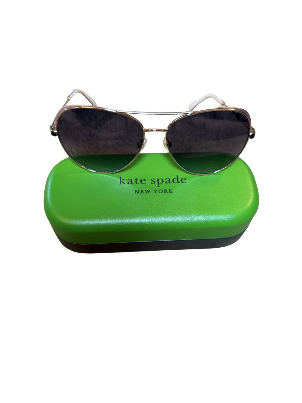 kate spade Gold Frame Sunglasses with Black Lenses and Green Case